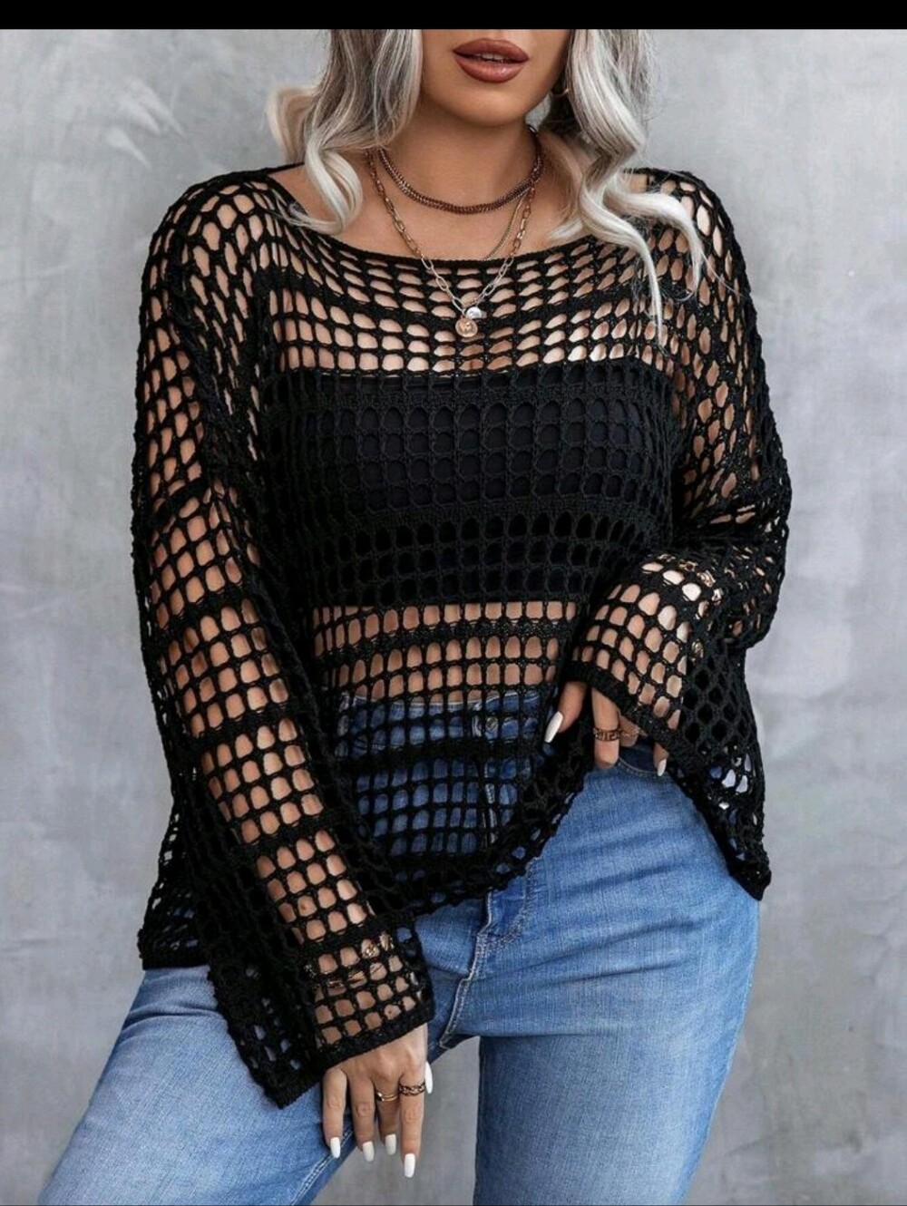 Black Crochet Open-Knit Sweater